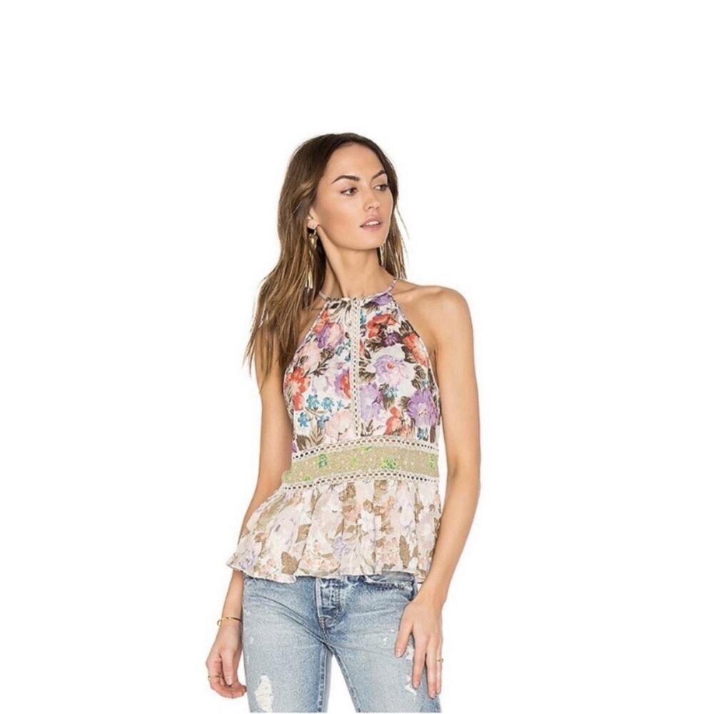 Rebecca Taylor Floral Halter Chiffon Blouse Lace Ruffle Embroidered Coquette